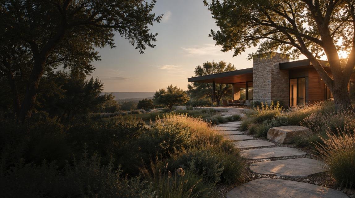Contemporary home surrounded by a landscaped garden, shown in a fictional website example